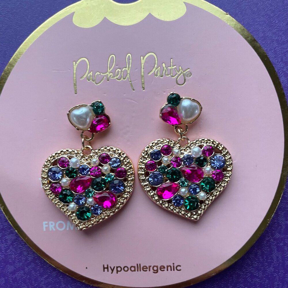 3/$12. Packed Party Heart Dangle Earrings with Multi Colored Stones